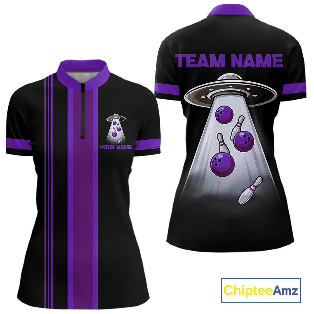 Black and Purple ufo alien Retro Bowling Polo, Quarter Zip Shirt for Women Custom Bowling Team Jersey NQS11464