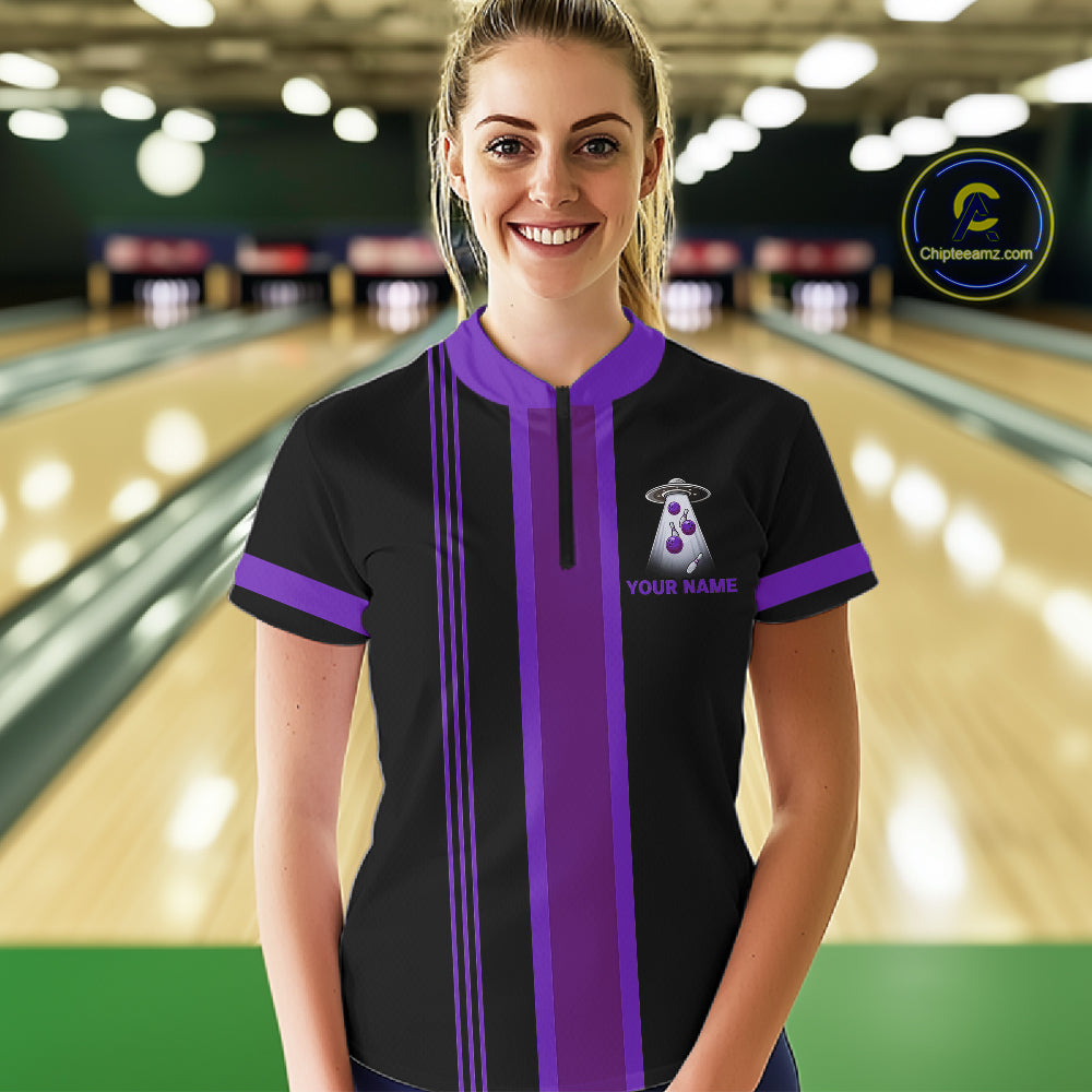 Black and Purple ufo alien Retro Bowling Polo, Quarter Zip Shirt for Women Custom Bowling Team Jersey NQS11464
