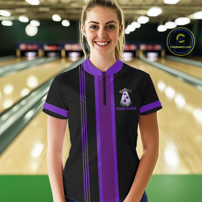 Black and Purple ufo alien Retro Bowling Polo, Quarter Zip Shirt for Women Custom Bowling Team Jersey NQS11464