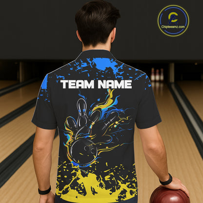 Personalized Black, Blue and Yellow Bowling Hawaiian Shirt, Bowling Ball & Pins Bowling Team Shirts NQS11465