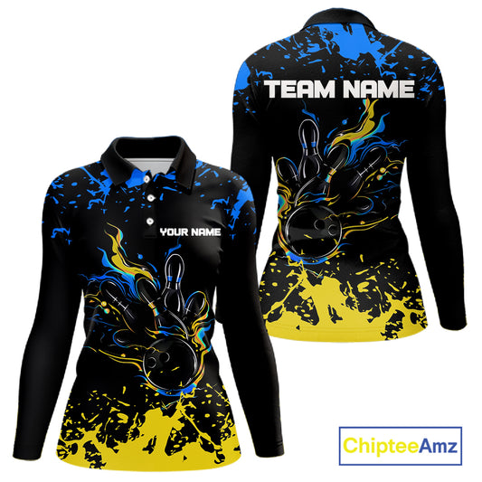 Personalized Black, Blue & Yellow Bowling Shirts For Women, Bowling Balls And Pins Bowling Team Shirt NQS11465