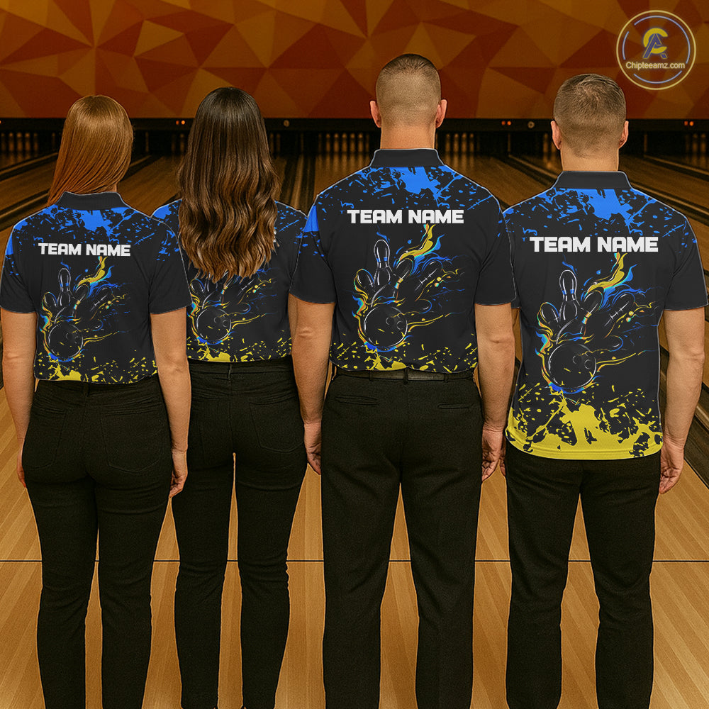 Personalized Black, Blue & Yellow Bowling Shirts For Men, Bowling Balls And Pins Bowling Team Shirts NQS11465