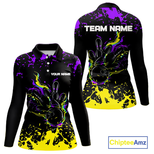 Personalized Black, Purple & Yellow Bowling Shirts For Women, Bowling Balls & Pins Bowling Team Shirt NQS11466