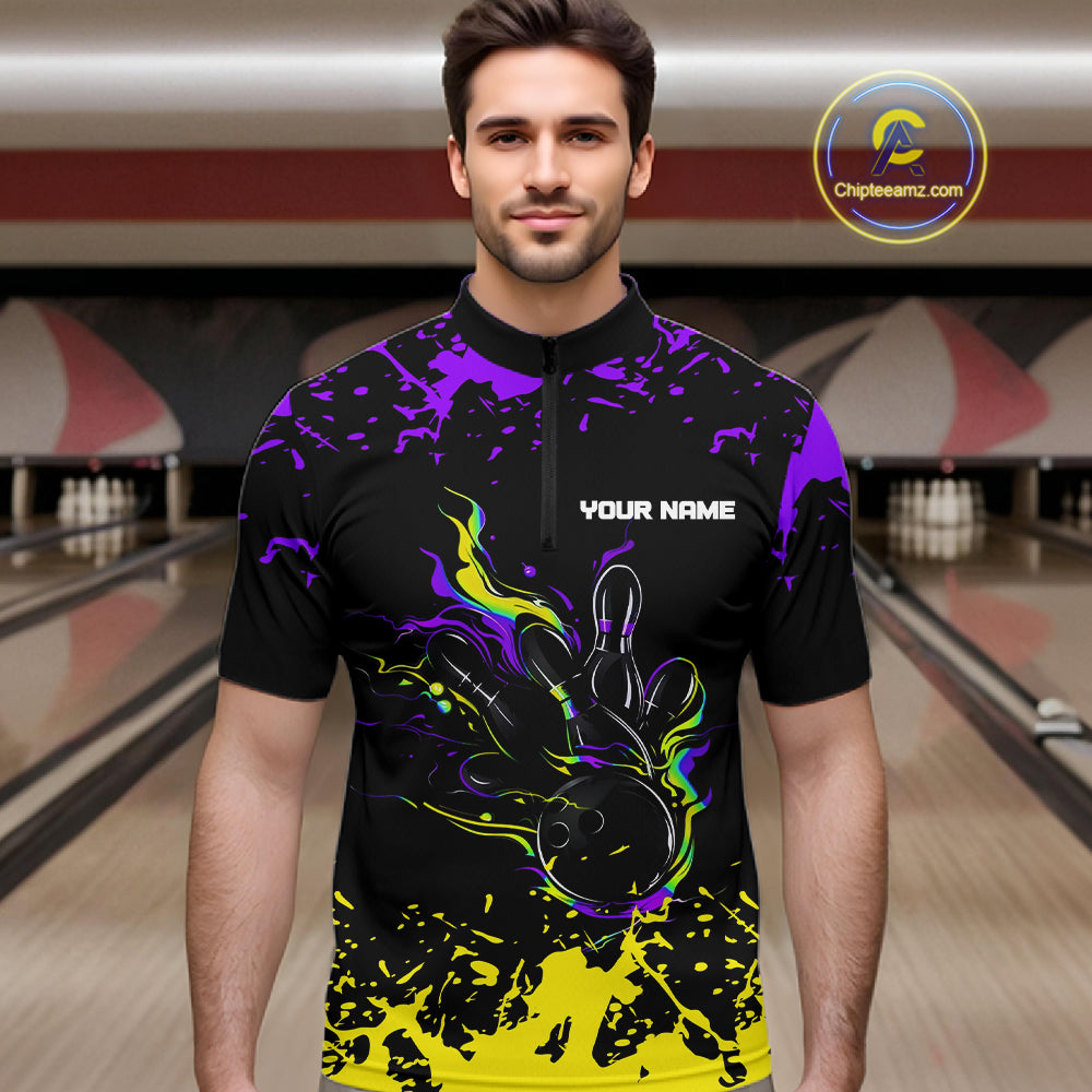 Personalized Black, Purple & Yellow Bowling Shirts For Men, Bowling Balls And Pins Bowling Team Shirt NQS11466