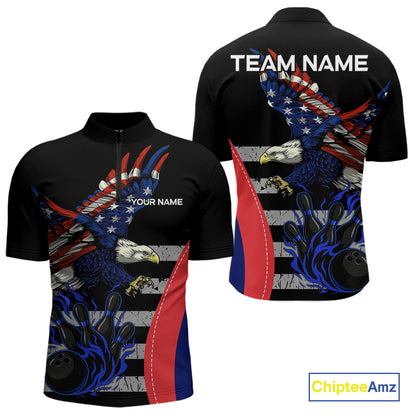 Eagle American Flag Custom Flame Bowling Team Shirts For Men, Patriotic Bowling Uniform NQS9971