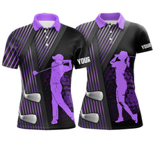 Load image into Gallery viewer, Black and purple matching golf polo for couples custom golf club team golf shirt, matching golf shirt NQS10118