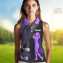 Load image into Gallery viewer, Black and purple Women Sleeveless polo shirt custom golf clubs team golf shirts, golf tops for ladies NQS10118