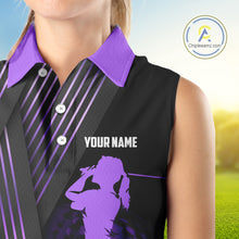 Load image into Gallery viewer, Black and purple Women Sleeveless polo shirt custom golf clubs team golf shirts, golf tops for ladies NQS10118