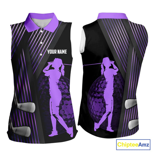 Black and purple Women Sleeveless polo shirt custom golf clubs team golf shirts, golf tops for ladies NQS10118