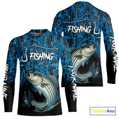Striped Bass Fishing blue camo Custom UV protection Striper long sleeves fishing shirts NQS10122