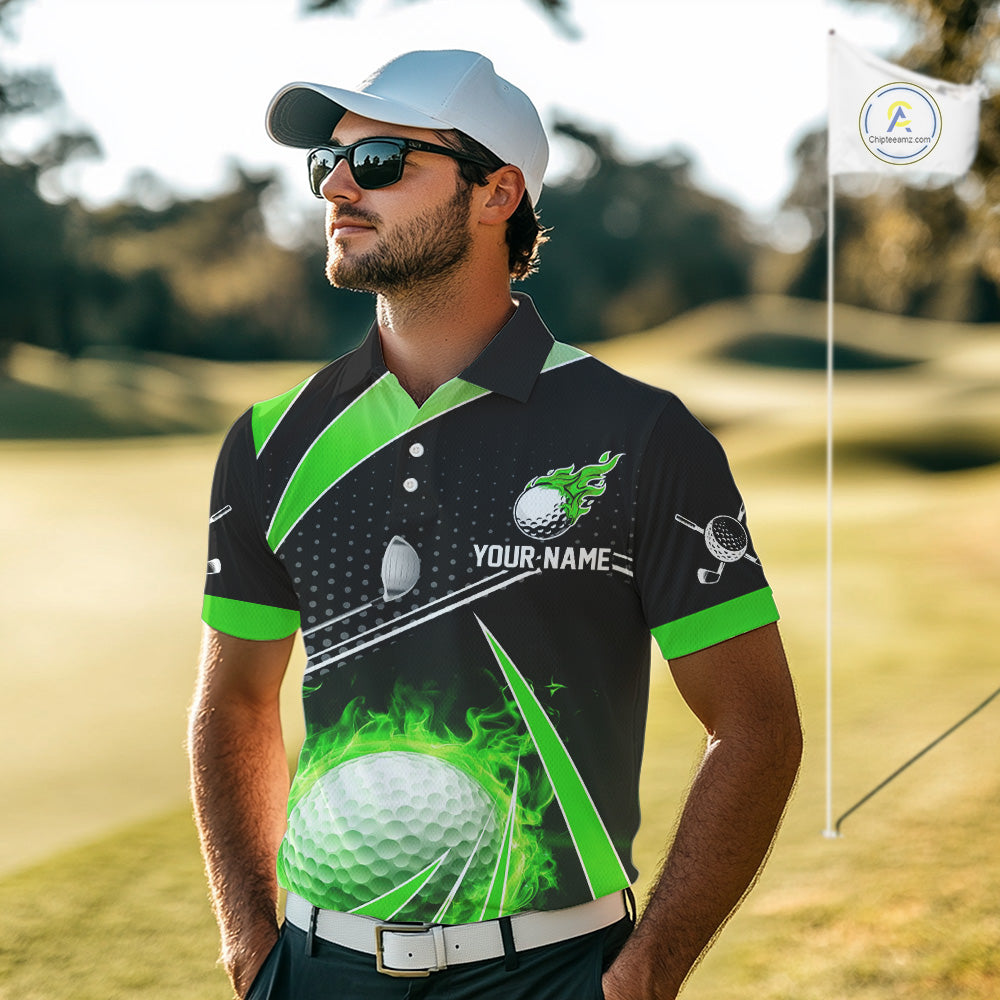 Black and Green Fire golf ball custom Men golf polo shirts, personalized golf outfits for team men NQS10123