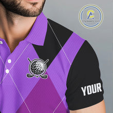 Load image into Gallery viewer, Mens golf polos shirts custom purple and black golf argyle plaid pattern, personalized golf gifts NQS10653