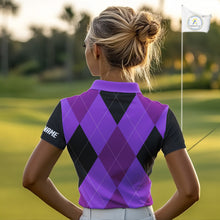 Load image into Gallery viewer, Womens golf polos shirts custom purple and black golf argyle plaid pattern, personalized golf gifts NQS10653