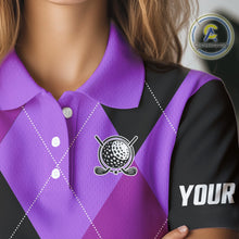 Load image into Gallery viewer, Womens golf polos shirts custom purple and black golf argyle plaid pattern, personalized golf gifts NQS10653