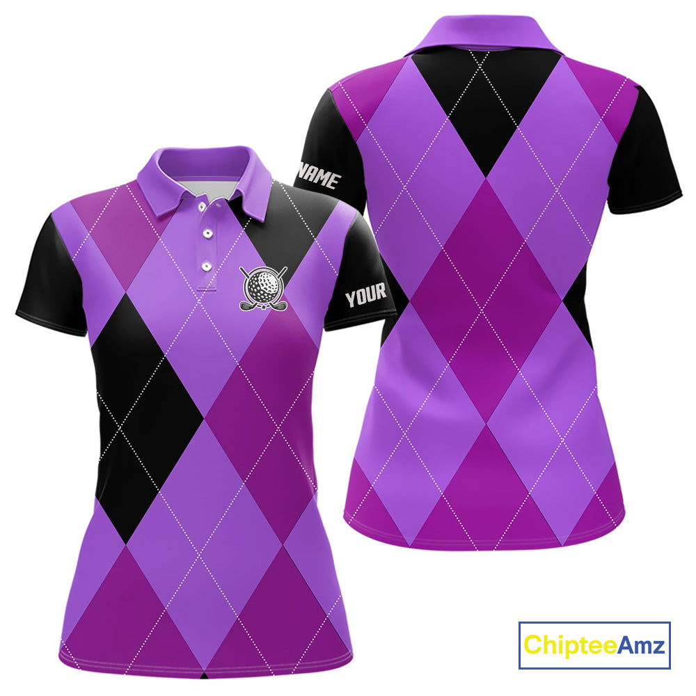 Womens golf polos shirts custom purple and black golf argyle plaid pattern, personalized golf gifts NQS10653