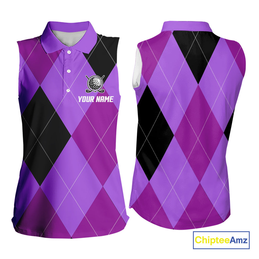 Women Sleeveless Polo Shirt custom purple and black golf argyle plaid pattern, personalized golf gift NQS10653