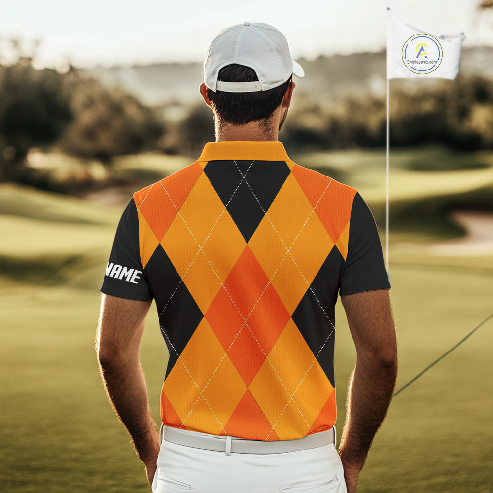 Mens golf polos shirts custom orange and black golf argyle plaid pattern Halloween golf gifts NQS10654