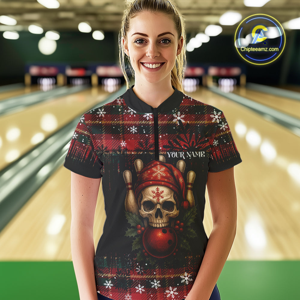 Black & Red Plaid Christmas pattern Skull Bowling Shirts For Women Custom Team Bowling outfit jersey NQS11057