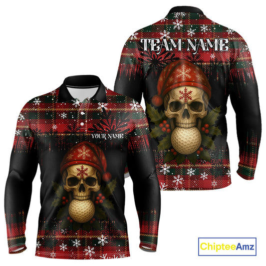 Black and Red Plaid Christmas pattern Skull Mens Polo Shirt Custom Golf outfit For Men, golfing gifts NQS11058