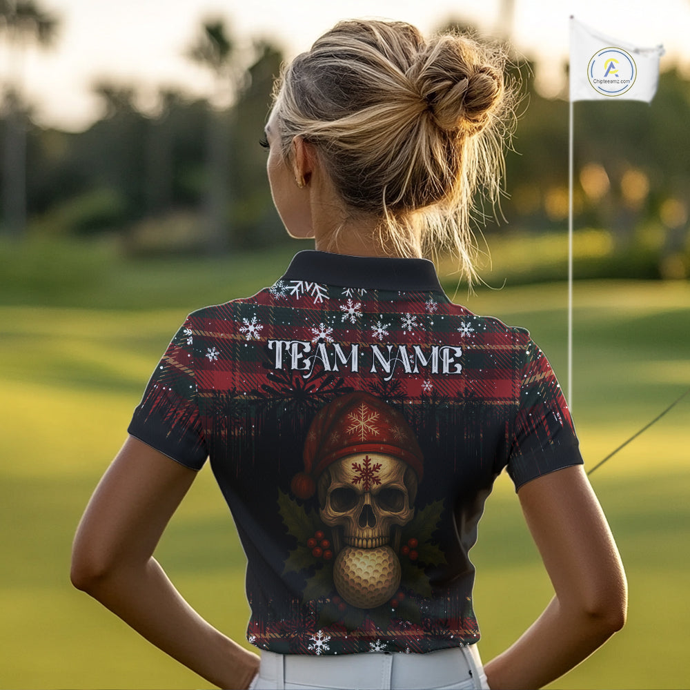 Black and Red Plaid Christmas pattern Skull Women Polo Shirt Custom Ladies Golf outfit, golfing gifts NQS11058