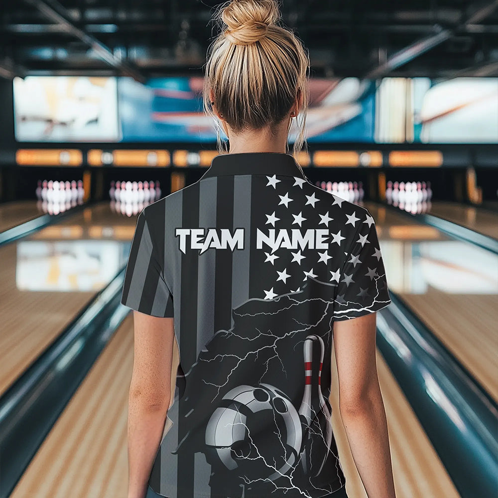 Personalized Black American flag Lightning thunder Custom Bowling Team Shirts For Women Bowling Jersey NQS9538