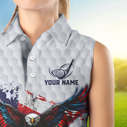 Personalized American Flag Eagle White Women sleeveless polo shirt Custom patriotic ladies golf tops NQS9541