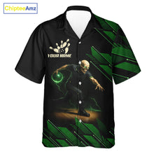 Load image into Gallery viewer, Black &amp; Green Camo Skull Lightning Bowling Hawaiian shirt Custom Team bowling button-up shirt NQS11657