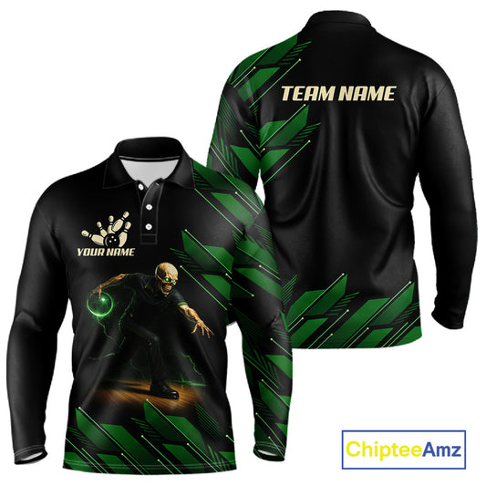 Black and Green Camo Skull Lightning Bowling Polo, 1/4 zip shirts for Men Custom Team bowling Jersey NQS11657