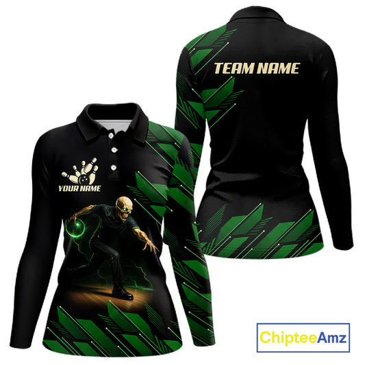 Black & Green Camo Skull Lightning Bowling Polo, 1/4 zip shirts for Women Custom Team bowling Jersey NQS11657