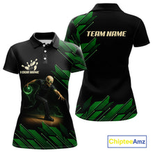 Load image into Gallery viewer, Black &amp; Green Camo Skull Lightning Bowling Polo, 1/4 zip shirts for Women Custom Team bowling Jersey NQS11657
