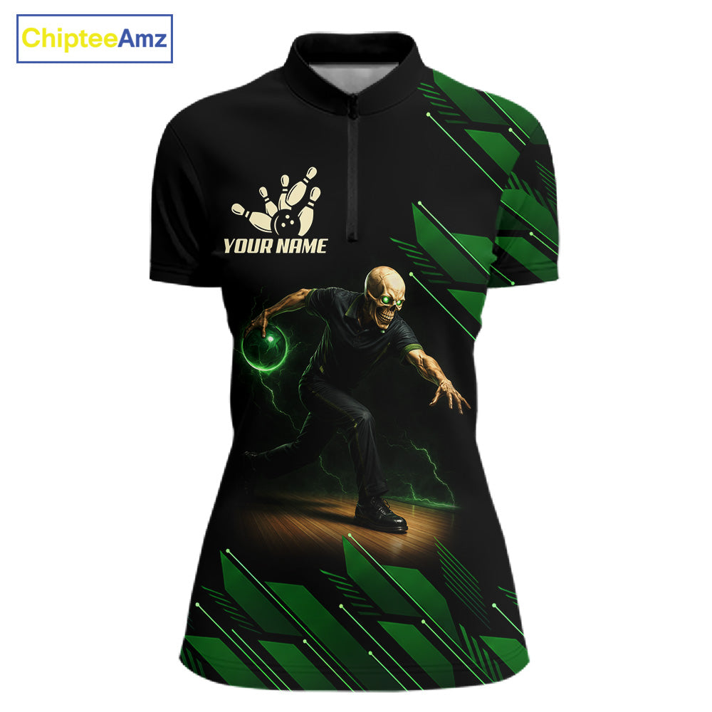 Black & Green Camo Skull Lightning Bowling Polo, 1/4 zip shirts for Women Custom Team bowling Jersey NQS11657