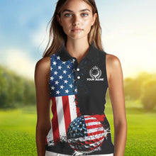 Load image into Gallery viewer, Black American Flag Women Sleeveless Polo Shirt Custom Golf attire for ladies, patriotic golf gifts NQS9696