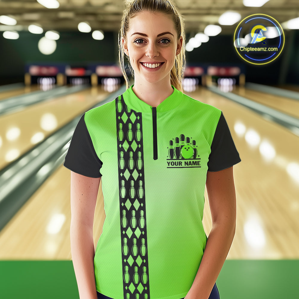 Personalized Black and Green Retro Bowling Polo, Quarter Zip Team Shirt For Women Custom Bowling Gift NQS10460