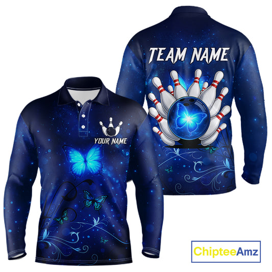 Blue galaxy Butterfly Bowling Polo, Quarter Zip shirts For men Custom Butterfly Team bowling jersey NQS11268