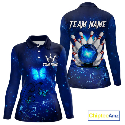 Blue galaxy Butterfly Bowling Polo, Quarter Zip shirts For Women Custom Butterfly Team bowling jersey NQS11268