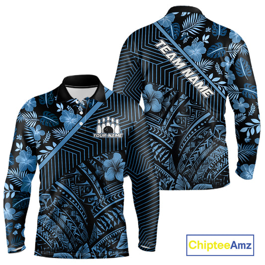 Black and Blue tribal pattern Bowling Polo, 1/4 zip Shirts For Men Custom Team Bowling Jerseys NQS11468