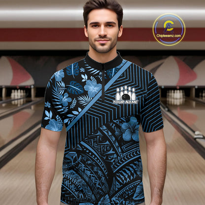 Black and Blue tribal pattern Bowling Polo, 1/4 zip Shirts For Men Custom Team Bowling Jerseys NQS11468