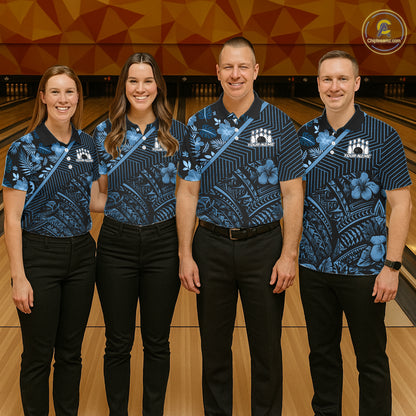 Black and Blue tribal pattern Bowling Polo, 1/4 zip Shirts For Men Custom Team Bowling Jerseys NQS11468