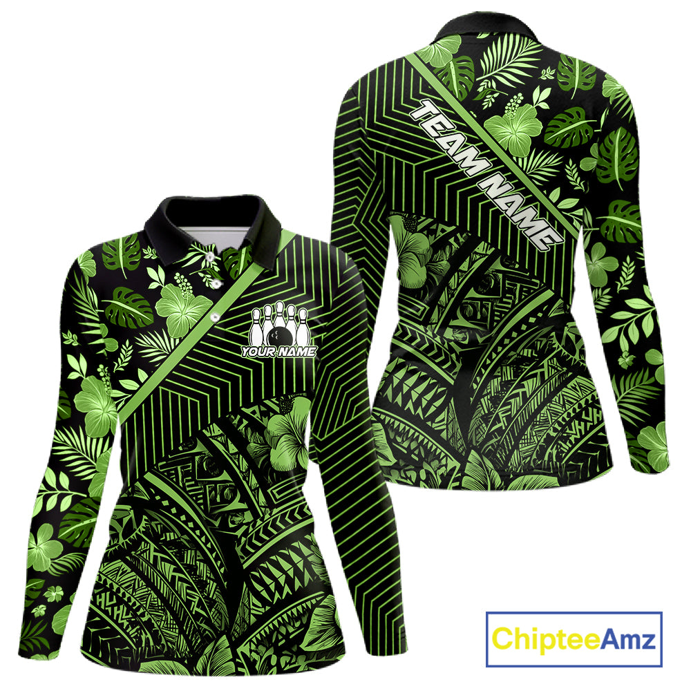 Black and Green tribal pattern Bowling Polo, 1/4 zip Shirts For Women Custom Team Bowling Jerseys NQS11469