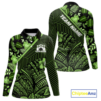 Black and Green tribal pattern Bowling Polo, 1/4 zip Shirts For Women Custom Team Bowling Jerseys NQS11469