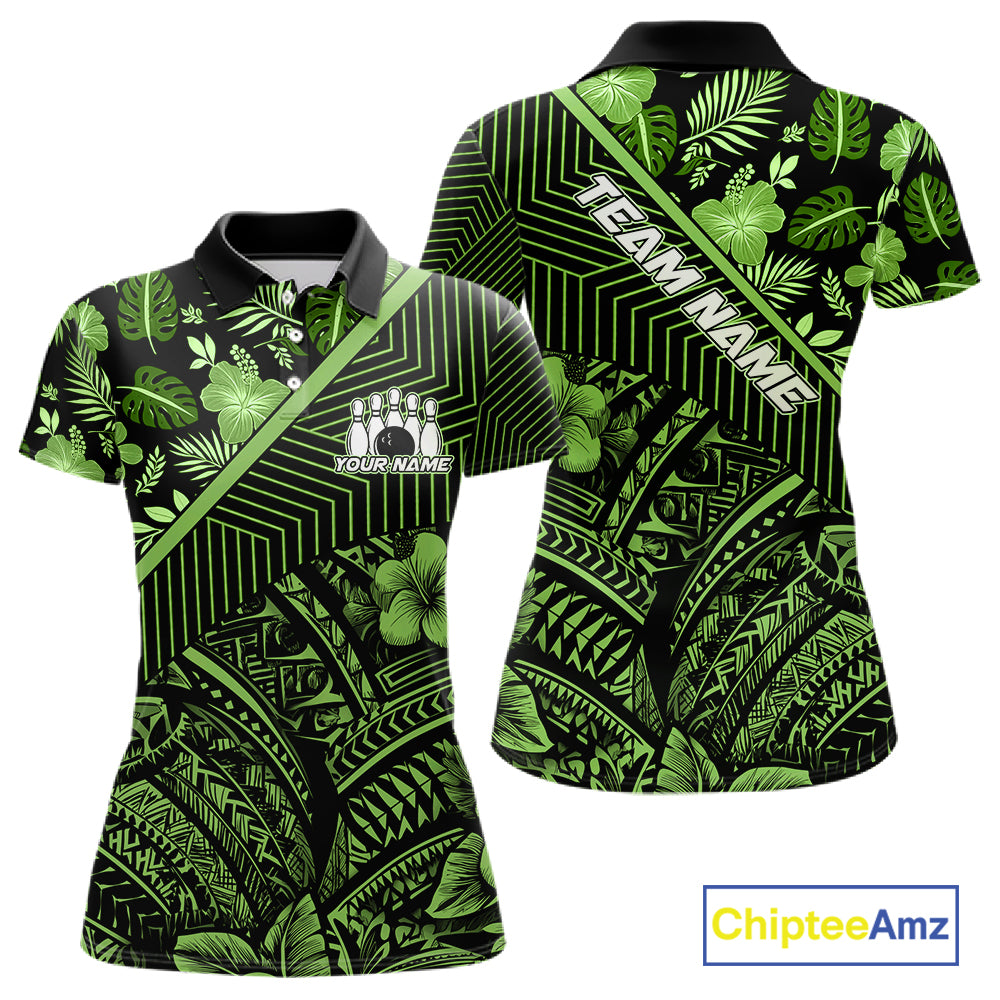 Black and Green tribal pattern Bowling Polo, 1/4 zip Shirts For Women Custom Team Bowling Jerseys NQS11469
