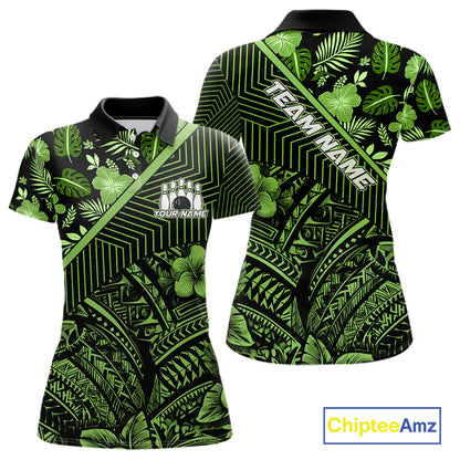 Black and Green tribal pattern Bowling Polo, 1/4 zip Shirts For Women Custom Team Bowling Jerseys NQS11469