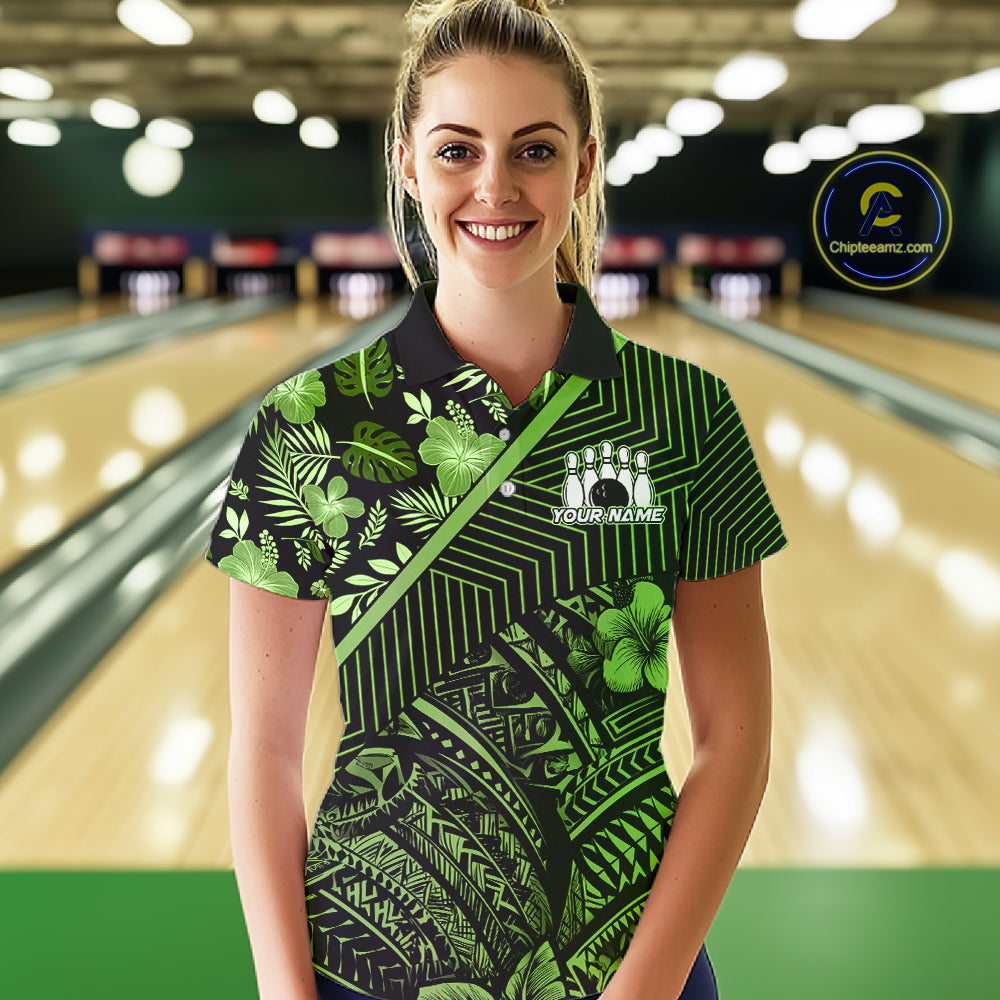 Black and Green tribal pattern Bowling Polo, 1/4 zip Shirts For Women Custom Team Bowling Jerseys NQS11469