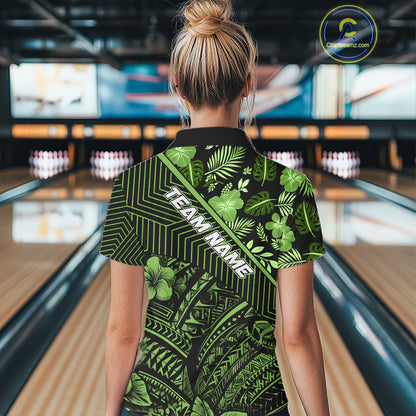 Black and Green tribal pattern Bowling Polo, 1/4 zip Shirts For Women Custom Team Bowling Jerseys NQS11469