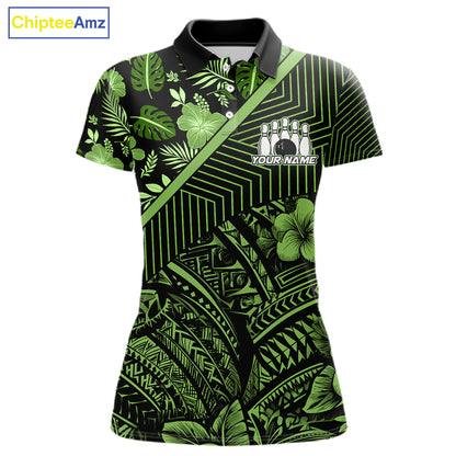 Black and Green tribal pattern Bowling Polo, 1/4 zip Shirts For Women Custom Team Bowling Jerseys NQS11469