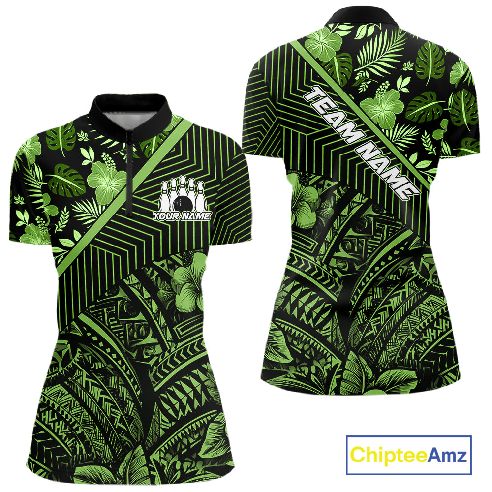 Black and Green tribal pattern Bowling Polo, 1/4 zip Shirts For Women Custom Team Bowling Jerseys NQS11469