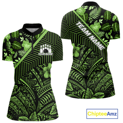 Black and Green tribal pattern Bowling Polo, 1/4 zip Shirts For Women Custom Team Bowling Jerseys NQS11469