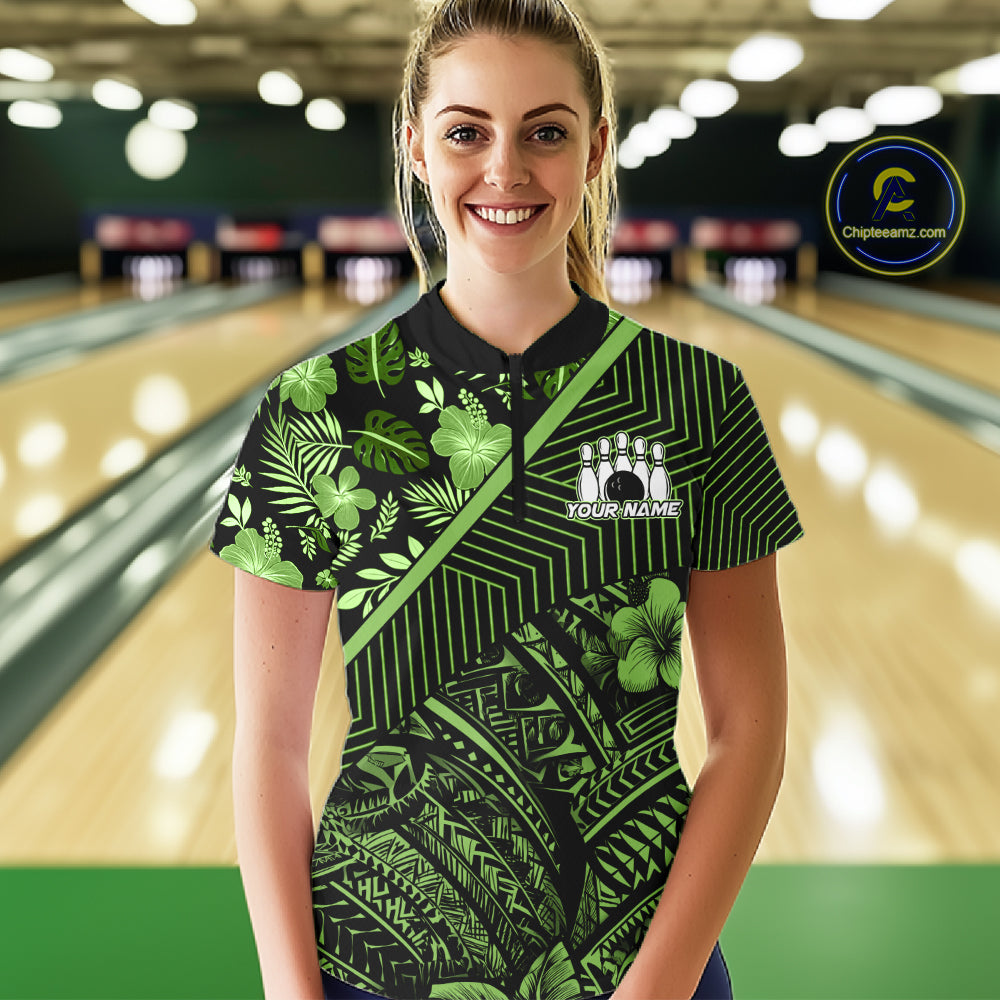 Black and Green tribal pattern Bowling Polo, 1/4 zip Shirts For Women Custom Team Bowling Jerseys NQS11469
