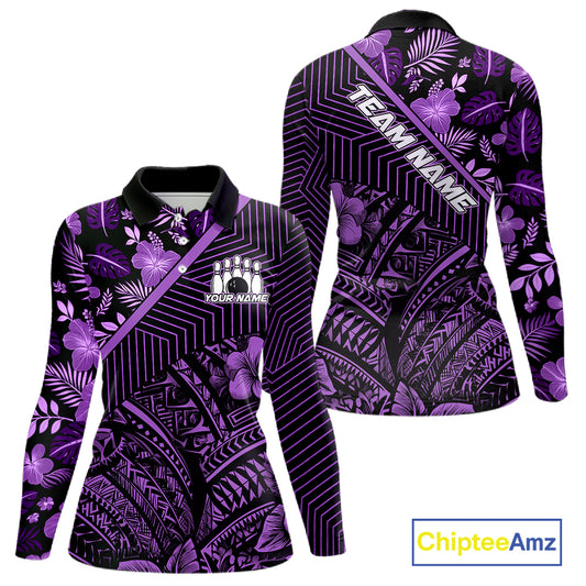 Black and Purple tribal pattern Bowling Polo, 1/4 zip Shirts For Women Custom Team Bowling Jerseys NQS11470