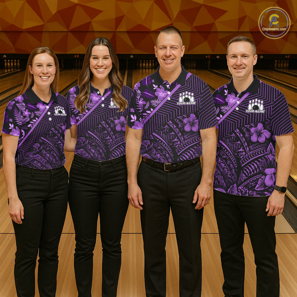 Black and Purple tribal pattern Bowling Polo, 1/4 zip Shirts For Men Custom Team Bowling Jerseys NQS11470